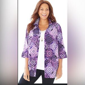 Catherines The Timeless Blouse Deep Grape Medallion Button Up Plus Size 2X